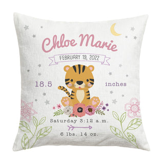 Floral Baby Tiger 17" Birth Details Throw Pillow