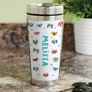 Dogs with glasses travel mug with name 