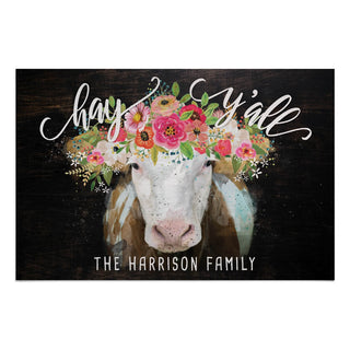Hay Y'all Floral Cow Personalized Doormat - 18x27 Inch, 1/8" Thin