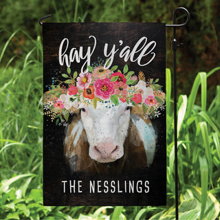 Hay Y'all Floral Cow Personalized Garden Flag