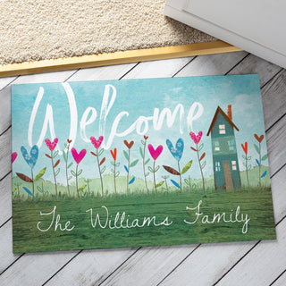 Welcome country house thin doormat with flower hearts 