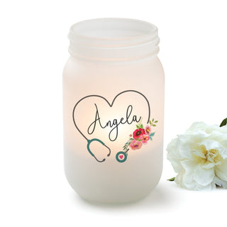 Floral Heart Stethoscope Personalized Frosted Mason Jar Votive Holder