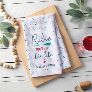 Relax you're at the lake waffle tea towel with family name 