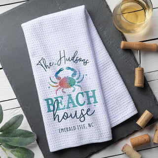 Beach house crab waffle tea towel with family name and city