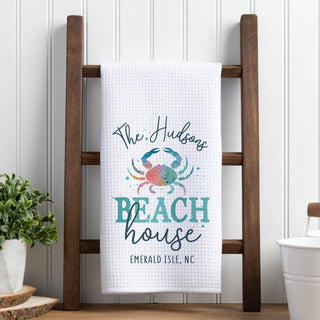 Beach House Crab Personalized Waffle Tea Towel