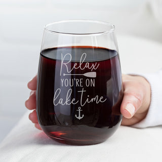 Relax you're on lake time stemless wine glass 