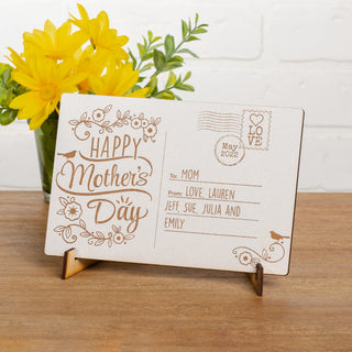 Happy mother's day wood postcard with easel and names 