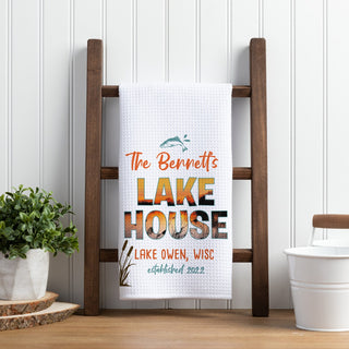 Lake house waffle tea towel with family name, city and date