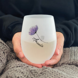 Purple flower frosted stemless wine glass with name 