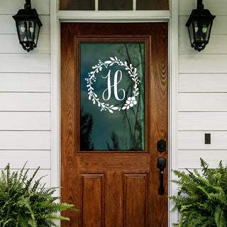 Wreath vinyl door decal with initial 