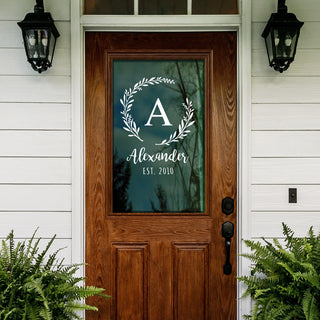 Wreath vinyl door decal with initial, name and date 