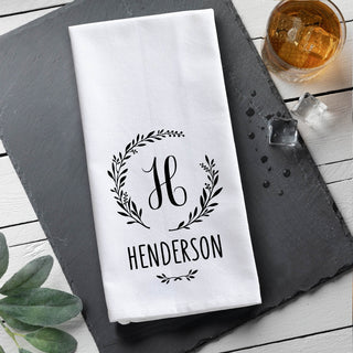 Wreath leaf tea towel with initial and name 