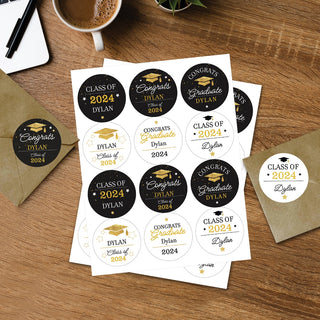 Gold & Black Graduation Theme Personalized Round Sticker - Set of 48