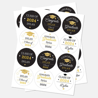 Gold & Black Graduation Theme Personalized Round Sticker - Set of 48