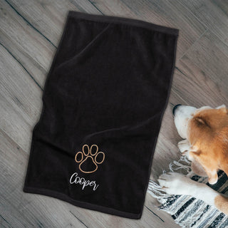 Pawprint with Script Pet Name Black Velour Sports Towel