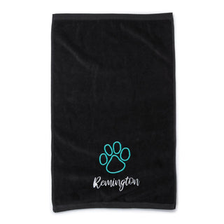 Pawprint with Script Pet Name Black Velour Sports Towel