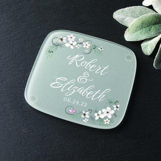Floral wedding couple glass coaster with names 