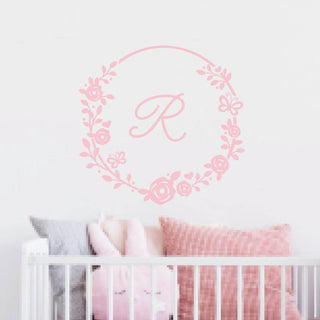 Floral baby wreath vinyl decal with initial 