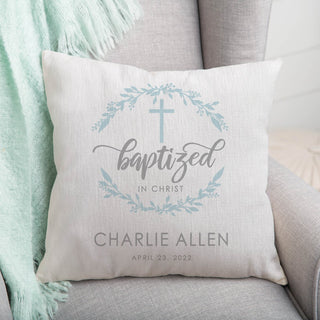 Baptized in christ throw pillow with name and date 