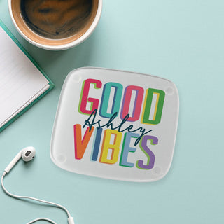Good vibes frosted glass coaster with name 