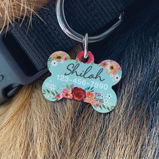Floral aqua pet tag with name
