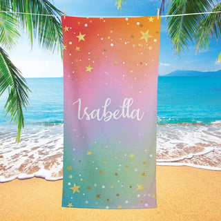 Colorful Ombre with Gold Stars Personalized Beach Towel