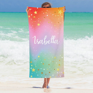 Colorful ombre with gold star beach towel with name 