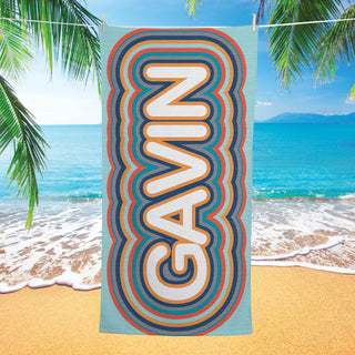 Retro rainbow beach towel with name 