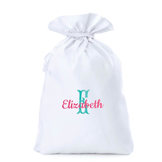 Pink Script Name with Fancy Teal Initial 18x27 Drawstring Sack