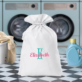 Pink script with fancy teal drawstring sack
