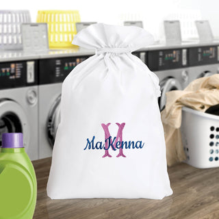 Navy script name lavender initial drawstring sack