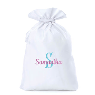 Lavender Scipt Name with Fancy Baby Blue Initial 18x27 Drawstring Sack