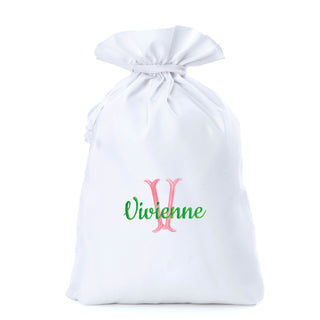Green Script Name with Fancy Pink Initial 18x27 Drawstring Sack