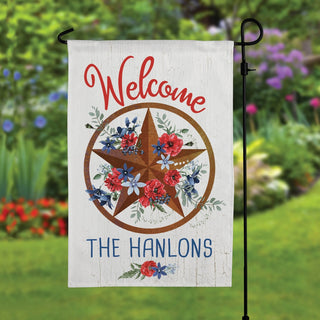 Welcome patriotic star garden flag with family name 