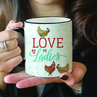 Love my ladies three chicken black handle mug with names