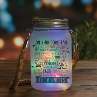 On This Porch Personalized Solar Mason Jar with Colored Lights