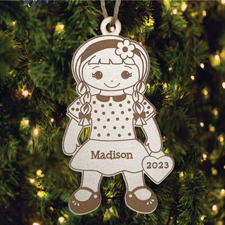Girl with Braids Personalized White Wood Ornament