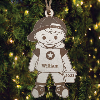 Boy with Ball Cap Personalized White Wood Ornament