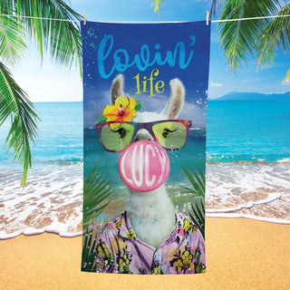 Paradise Llama with Bubble Gum Name Velour Beach Towel