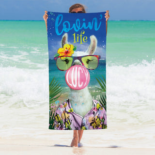 Paradise llama with bubble gum name beach towel 
