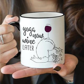 Yoga now, wine later black handle coffee mug 