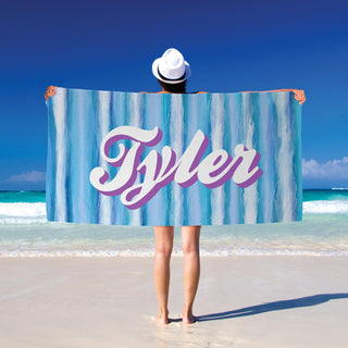 Tie Dye Stripes Personalized Blue Velour Beach Towel