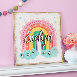 3D layered boho chic rainbow wood plaque with name 