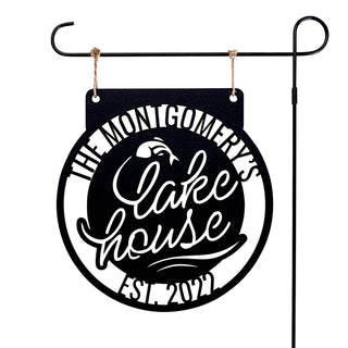 Lake House Personalized Black Wood Garden Flag