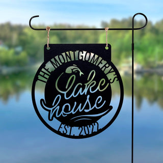 Lake House Personalized Black Wood Garden Flag