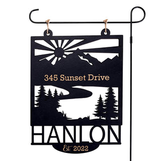 Mountainscape Personalized Black Wood Garden Flag