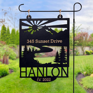 Mountainscape Personalized Black Wood Garden Flag
