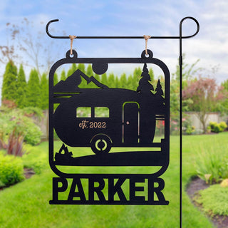 Retro Camper Personalized Black Wood Garden Flag