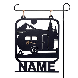 Retro Camper Personalized Black Wood Garden Flag