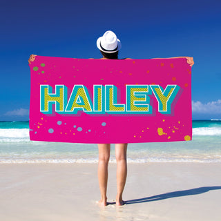 Hot pink velour beach towel with name
